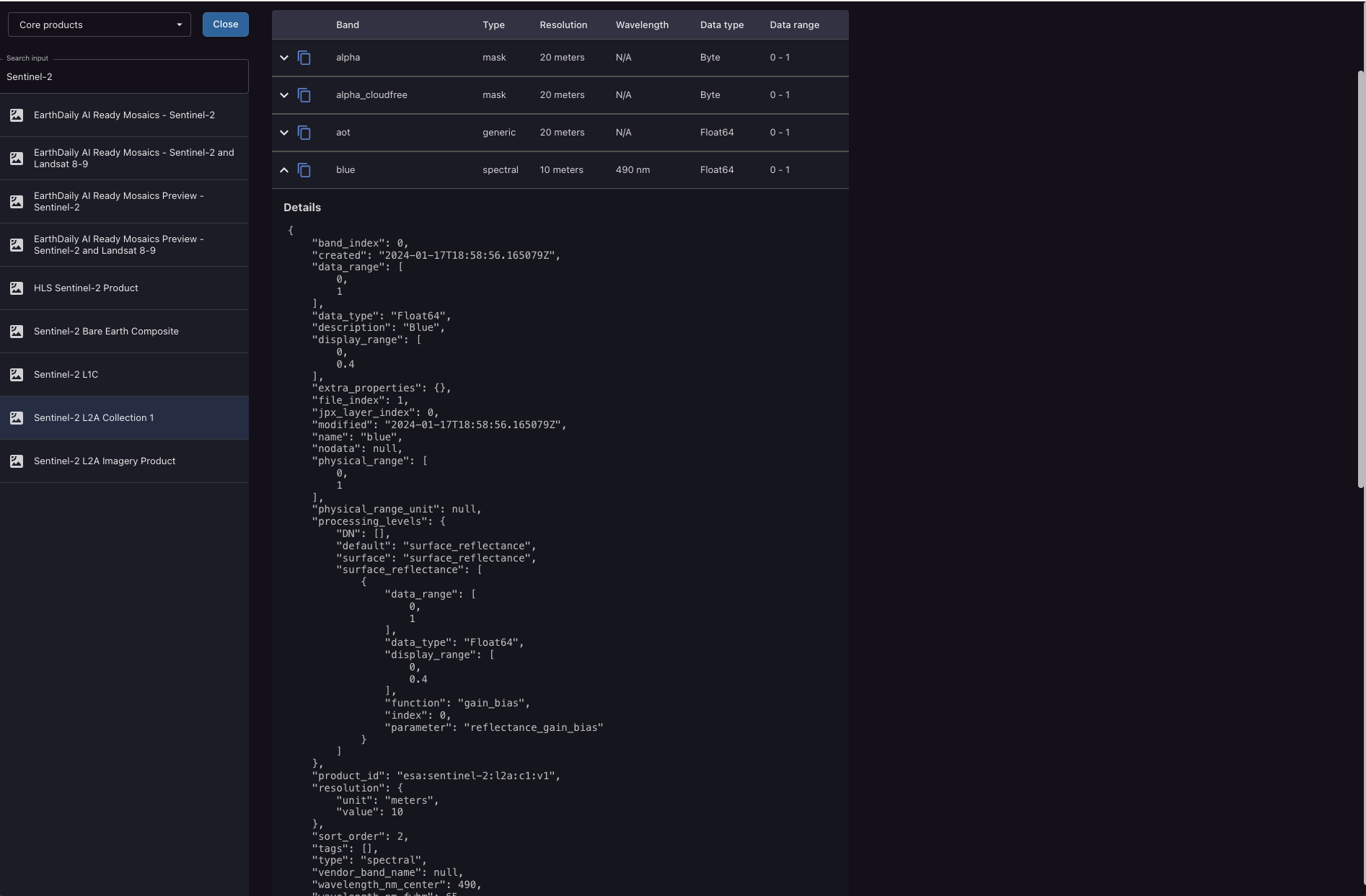 Band metadata tab