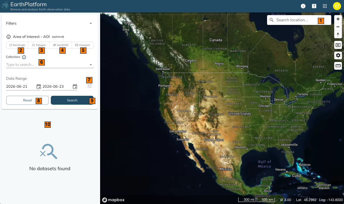 EarthPlatform Landing Page - Search Filters and Results
